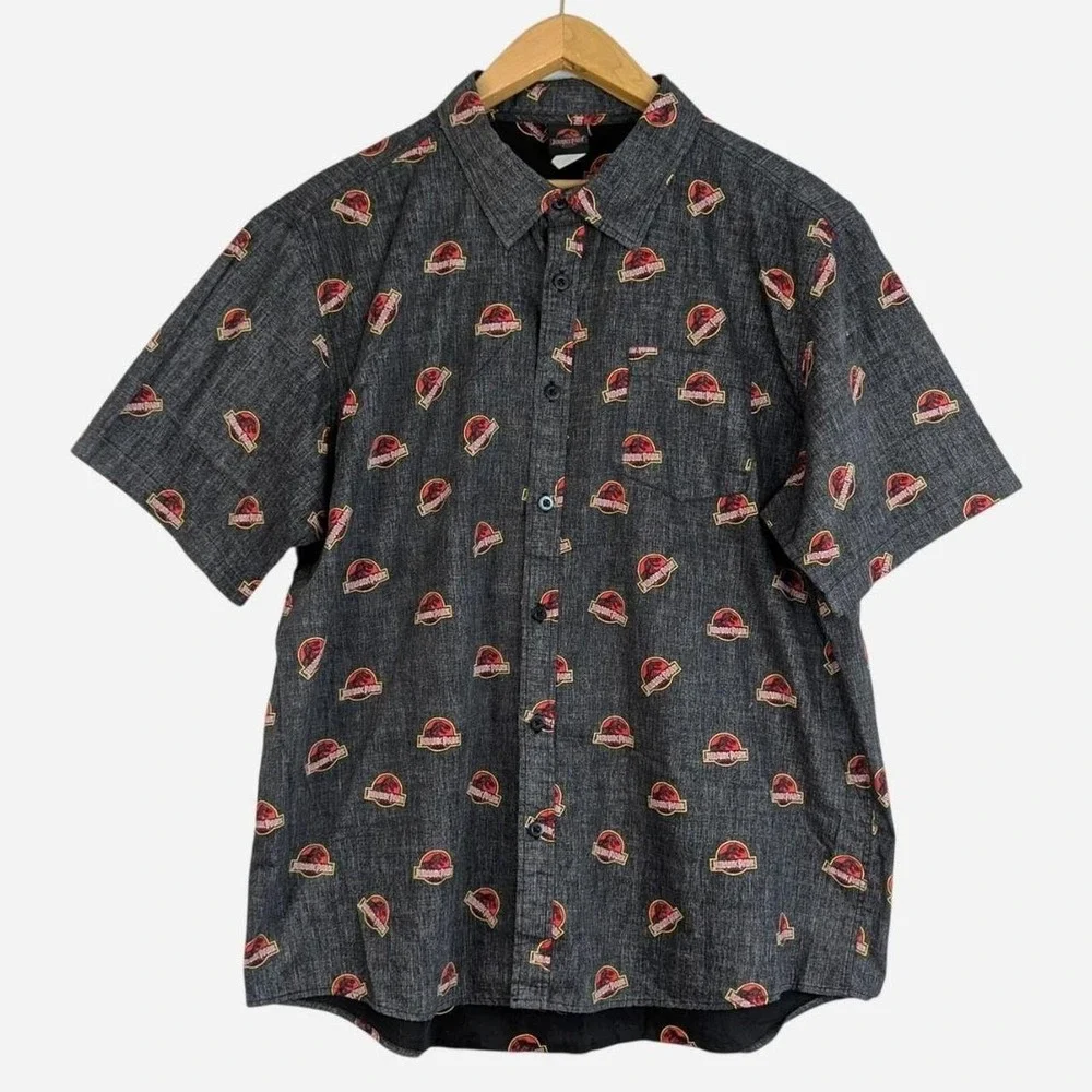 Jurassic Park All Over Logo Print Cotton Camp Shirt Gray XXL